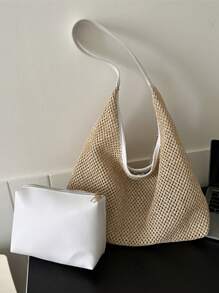 Casual Woven Shoulder Bag, Summer Beach Straw Handbag, Fashionable Chic Beach Travel Grass Woven Bag