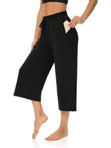 Womens Capri Pants Loose Yoga Pants Wide Leg Drawstring Comfy Lounge Pajama Capris Sweatpants With Pockets Back To School Halloween Christmas New Year