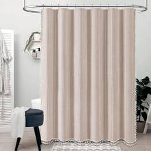 Boho Shower Stall Curtain - 48x72 Narrow Farmhouse Linen Ultra Thick Tassel Fabric Shower Curtain Set With 8 Hooks, Half Striped Camper RV Modern Country Shower Curtains For Bathroom, Taupe/Tan - Taupe - 查看 5