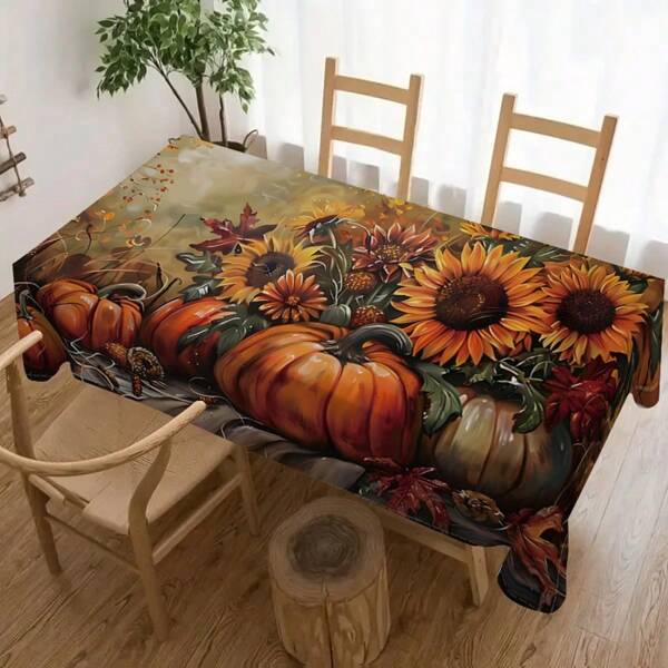 1pc Rectangular Tablecloth, Autumn Limited Edition Harvest Themed Pumpkin & Sunflower Print Decorative Tablecloth, Suitable For Daily Dining Room, Living Room, Outdoor Picnic, Theme Party, Indoor/Outdoor Use, Durable Polyester Fabric