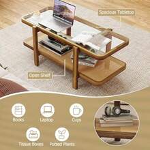 Giantex Rattan Coffee Table 47.5" Rectangle Solid Wood With Tempered Glass Top And PE Rattan Storage Shelf Boho Farmhouse Design