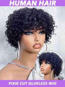 Pixie Cut Wigs Human Hair Short Curly Bob Wigs With Bangs Brazilian Afro Curly Human Hair Wigs Glueless Machine Made Short Pixie Cut Wigs For Women - Natural Black - View 3