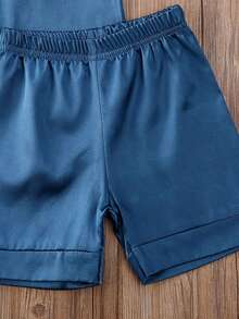 Toddler Baby Kids Silk Satin Pajamas Long Sleeve Button-Down Top Pant Sleepwear Nightwear Girls Boys Pjs - 藍色 - 查看 4