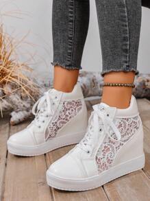 Women Hidden Heel Mesh High Top Sneakers, White Lace Up Round Toe Casual Sports Shoes, Spring/Autumn