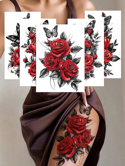 （5张装）红色玫瑰蝴蝶图案临时纹身贴纸，性感舞者胸部和大腿设计，防水防汗，易于使用和去除，适合女性腿部、手臂、腹部和胸部。完美的女性临时纹身贴纸，约会派对和情人节必备。