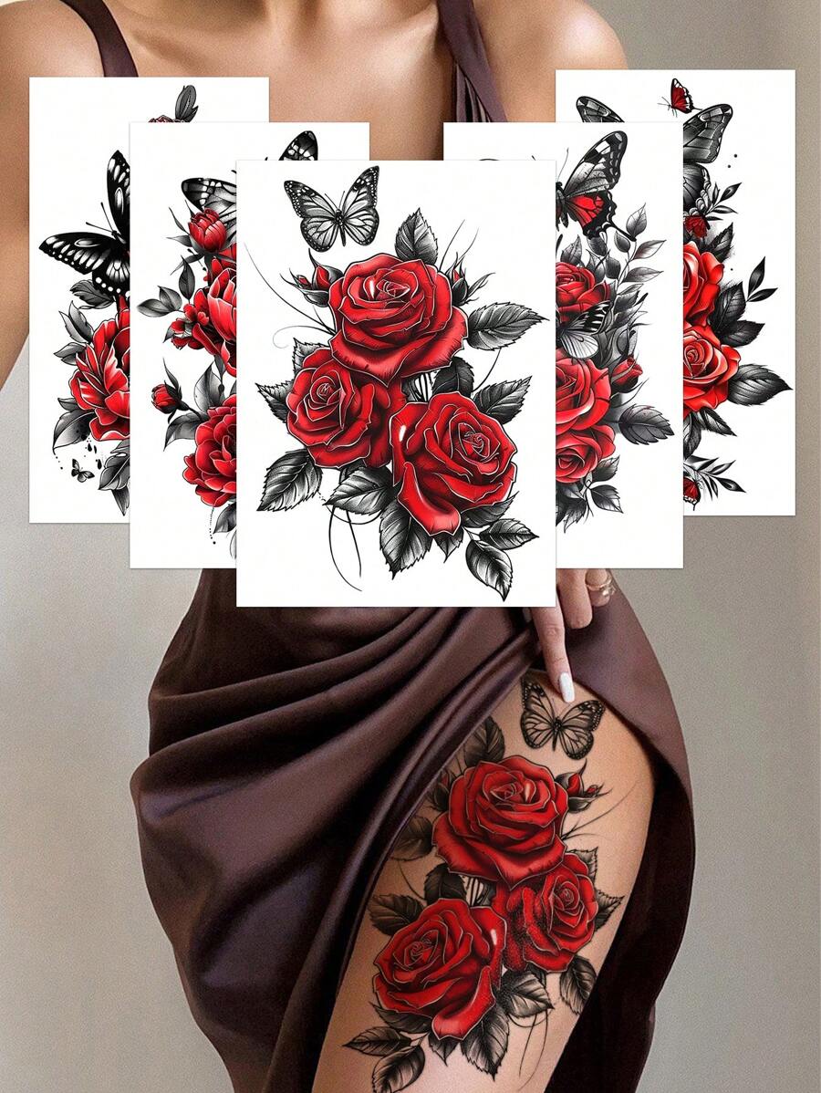 (Pack Of 5 PCS)Red Rose And Butterfly Temporary Tattoo Stickers, Sexy Dancer Chest And Thigh Designs, Waterproof And Sweat-Proof, Easy To Use And Remove, Suitable For Women's Legs, Arms, Abdomen And Chest. Perfect Temporary Tattoo Stickers For Women, Essential For Dates And Parties.