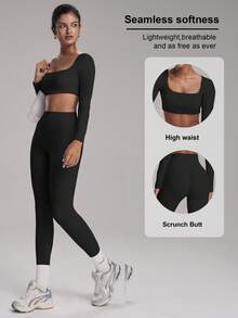 FWH Áo croptop tay dài + quần short xếp ly, thiết kế ôm sát như da thứ hai, kiểm soát vùng bụng và nâng mông, quần short định hình, chất liệu mềm mại như không mặc gì, thích hợp cho Pilates/Gym, quần short nâng mông, chống lộ nội y khi squat, thích hợp cho Yoga/Khiêu vũ, bộ đồ yoga hở lưng màu đen mùa xuân - màu đen - Xem 2