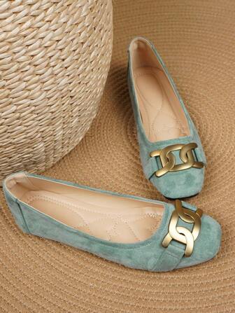 WHDXY 1 双女士方头一脚蹬平底鞋，新款设计金属扣乐福鞋，休闲时尚宴会高端优质绒面平底鞋，适合夏季