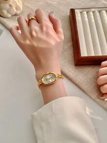 1 Pc Elegant Oval French-Style Women's Gold Strap Digital Dial Quartz Wrist Watch, Suitable For Daily Wear And Social Gatherings