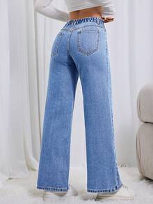 女士时尚休闲蝴蝶结印花松紧腰阔腿宽松无弹力浅蓝色牛仔裤 - 淺色水洗藍 - 查看 2