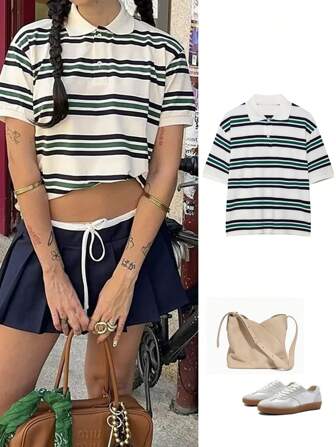 女士春夏时尚长袖宽松休闲 Polo 领复古拼色条纹衬衫
