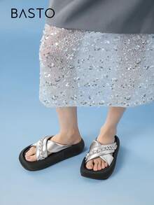 BASTO 简约通勤休闲厚底水钻一脚蹬凉鞋，女士厚底，适合夏季日常、休闲、办公室、海滩