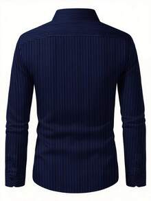 男士时尚商务休闲条纹印花长袖衬衫，秋季 - 藏蓝色 - 查看 3