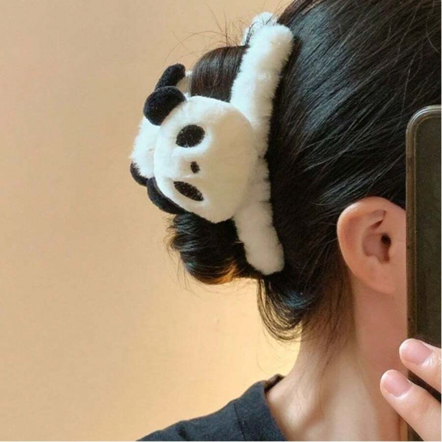 1 pieza Pinza de pelo de mujer con diseño de panda de dibujos animados en blanco y negro, accesorio de pelo lindo para uso diario, fiesta, versátil para otoño/invierno, accesorio de pelo con pinza para vacaciones y atuendos de mujer - Blanco y Negro - Ver 1