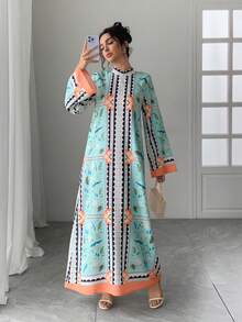 1 pezzo Abito lungo da donna con stampa floreale a blocchi di colore, collo alto, zip sulla schiena, maniche a sbuffo, abito casual comodo e lungo, elegante stile arabo, abito da sera di lusso per l'autunno/inverno - Verde - Visualizzare 6