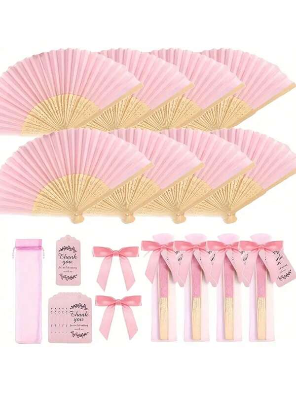 5/25/50/100pcs(Note: It's A Set!), Pink/White/Gree/Light Blue Wooden Folding Fans With Bow Tie, Gift Bags, Thank You Cards Set, Bridesmaid Handheld Folding Fan For Bridal Shower Decorations, Perfect Wedding Gifts And Party Accessories, Ideal For Gatherings And Events, Women's Folding Fan