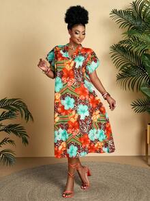 BIUBIU Plus Size Women's Casual Geometric Print V-Neck Ruffle Sleeve Loose Mid-Length Dress, Suitable For Daily, Vacation (Pattern Random) - Orange - View 5