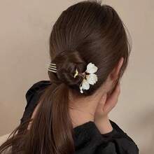 1 件新中式白茉莉花和仿珍珠 U 形发夹，适合旗袍、汉服、传统日常发型，手工制作复古优雅时尚多功能发饰、发饰、发夹、发髻延长器、发髻制作器、发髻发片、发型夹
