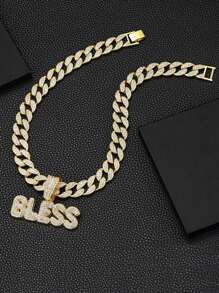 1pc Punk Rock Cuban Link Necklace For Men & Women - Shiny BLESS Pendant With Rhinestone Accents, Golden-Tone Chain, Unisex Hip Hop Jewelry Gift For Birthday, Mother's Day, Father's Day