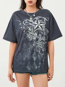 Women's Summer Casual Gothic Tops Short Sleeve Vintage Pattern Print Loose T-Shirt - Black - View 1