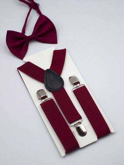 1 Set Men's Burgundy Red Casual Bowtie & Suspenders Set, With Suspender Clips