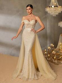 Luxury Off-Shoulder Beaded Mermaid Evening Gown With Tulle Cape Sleeves & Fishtail Train - Structured Sweetheart Bodice, Sequin-Embellished Hem - For Red Carpet Galas, Black-Tie Weddings, Opera Premieres, Charity Balls, Luxury Dinner Events