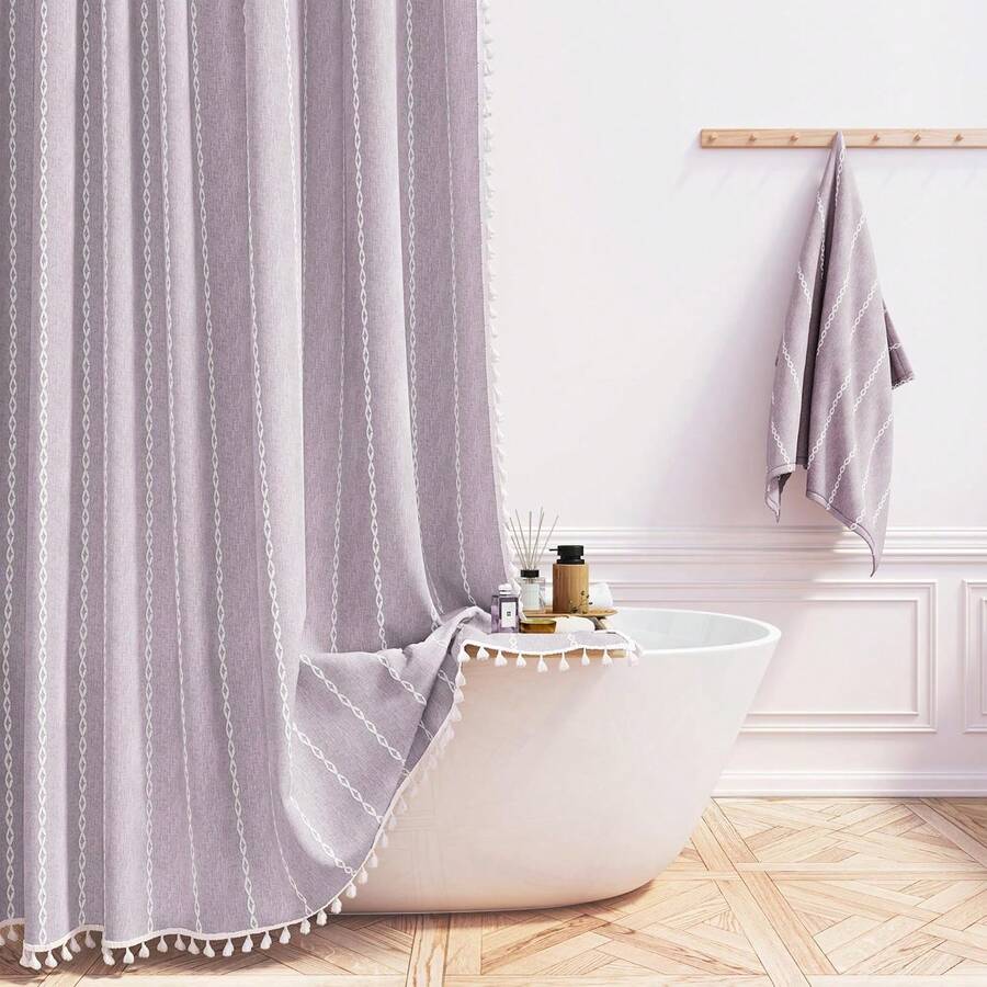 78 Inch Long Shower Curtain - Boho Farmhouse Linen Thick Striped Fabric Shower Curtain Set With Plastic Hook, Tall Rustic Country Luxury Cloth Shower Curtains For Bathroom - Lavender - 72x78 - 薰衣草色 - 查看 1