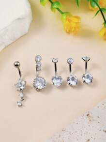 5pcs Stainless Steel Short Navel Rings Set, Women's Classic Belly Button Piercing Jewelry With Heart Shaped Flower & Shining Zirconia