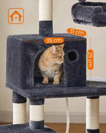 Arbre à Chat Hauteur 143 cm, Tour de Jeux pour Chat, avec 11 Poteaux à Griffer, 2 Plateformes, 1 Niche, 1 Hamac, 2 Pompons, en Tissu Peluche, Plusieurs Niveaux, Gris foncé - Gris foncé - Voir 4
