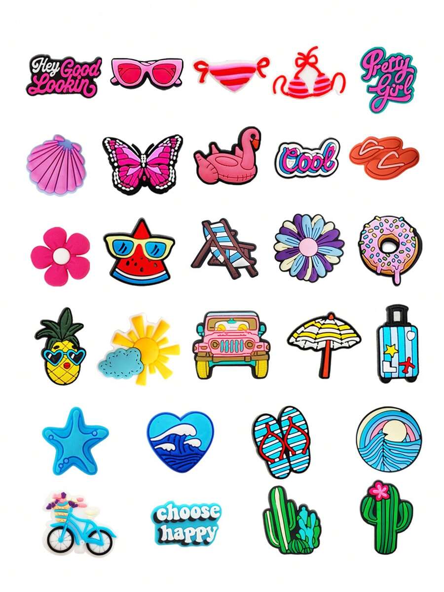 28pcs Pink Summer Beach Series Sandal Charms, High-Quality Shoe Accessories, Excellent Gift For Teenagers, Men, Women And Adults - Multicolor - View 1