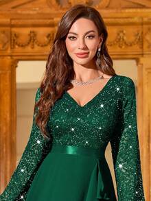 Elisanya Đầm Maxi dự tiệc trang trọng cổ chữ V ren hoa sequin tay áo lồng đèn viền bèo nhún, Đầm dự tiệc thanh lịch cho nữ, Đầm dạ hội trang trọng, Đầm dạ hội, Cho khách dự tiệc cưới, Tốt nghiệp, Tiệc tối - Xem 9