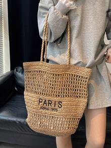 New Embroidery Letter Hollow Straw Handbag, Women Large Capacity Handmade Woven Shoulder Bag, Water Bucket Basket Tote Bag - Khaki - View 5