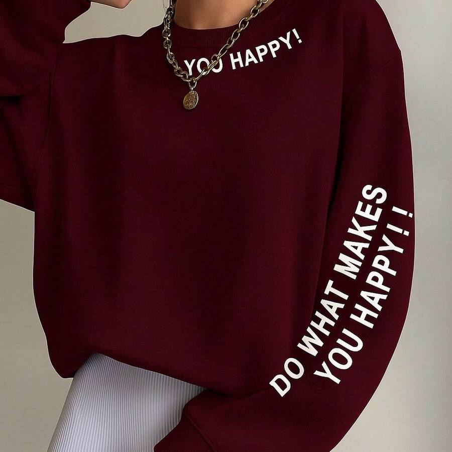 Women's Crew Neck Sweatshirt Plus Size Style Model: "You Happy Do What Makes You Happy" - SPECIAL Launch 2025 - Maroon - View 1