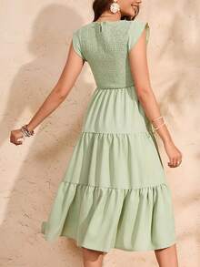Summer Maternity Boho Smocked Baby Shower Dress Ruffle Sleeve Flowy Casual Pregnant Outfit Photoshoot Dress - Green - View 4