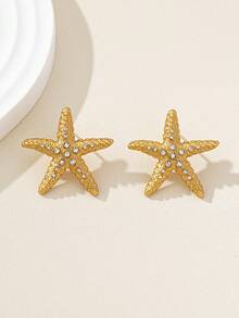 1 Pair Fashionable & Elegant Rhinestone Starfish Stud Earrings, Shiny Accessory Suitable For Daily Wear And Vacation, Beach Outfit - Yellow Gold - View 3