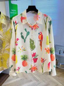 Women's Fashion New Single-Breasted Long Sleeve Parrot, Pineapple, Cactus & Feather Print Shirt