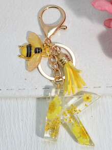 1 件首字母钥匙扣，带粉色可爱雏菊干花，女孩/女士包包吊坠装饰，带流苏配饰背包，适合学校汽车配饰哥特 Y2k - 黃色 - 查看 32