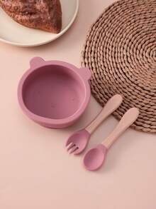 PopLittleOne 3PCS Baby Silicone Dinner Set Bear Shape Suction Bowl Wooden Handle Spoon Fork Training Learning Baby Stuff Non-Slip Baby Tableware - Multicolor - View 11