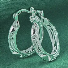 Fashion 1 Pair 925 Silver Plated Exquisite Hollow Hoop Earrings Women Bohemian Style Charm Jewelry Christmas Gift Accessories Party - Silver - View 4