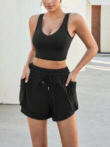 Shorts de yoga deportivos 2 en 1 de secado rápido para mujer con bolsillos de malla, tejido transpirable y cordón ajustable. Pantalones cortos cómodos y transpirables. - Negro - Ver 6
