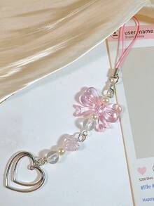 1pc Pink Heart & Bow Phone Lanyard Cute Cartoon Decoration Phone Hanging Rope Keychain Pendant For Girls - Pink - View 5