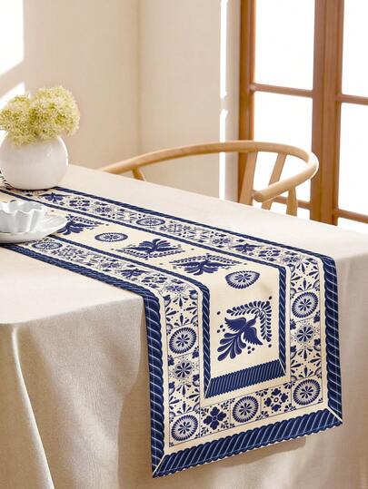1 pieza Camino de mesa con estampado floral azul, 4/6/8 piezas Individuales con estampado floral, adecuados para festivales, fiestas, cumpleaños, cenas, decoración de la cocina y el comedor, decoración textil de la casa y la habitación para todo el año