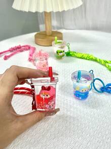 THE POWERPUFF GIRLS Fashionable & Versatile Cartoon Policewoman Milk Tea Cup Liquid Quicksand Keychain, Delicate Acrylic Key Ring Charm Pendant