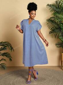 BIUBIU Vestido holgado de talla grande para mujer con cuello en V con volantes, mangas cortas, estampado geométrico, para uso diario, vacaciones y comodidad (patrón aleatorio)