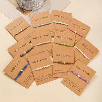 Set de 12 piezas de pulseras de amistad con figuras variadas que incluyen corazón, círculo, pentágono, estilo minimalista con tarjetas trenzadas de cordón de cera, pulseras hechas a mano como regalo para fiestas y Año Nuevo.