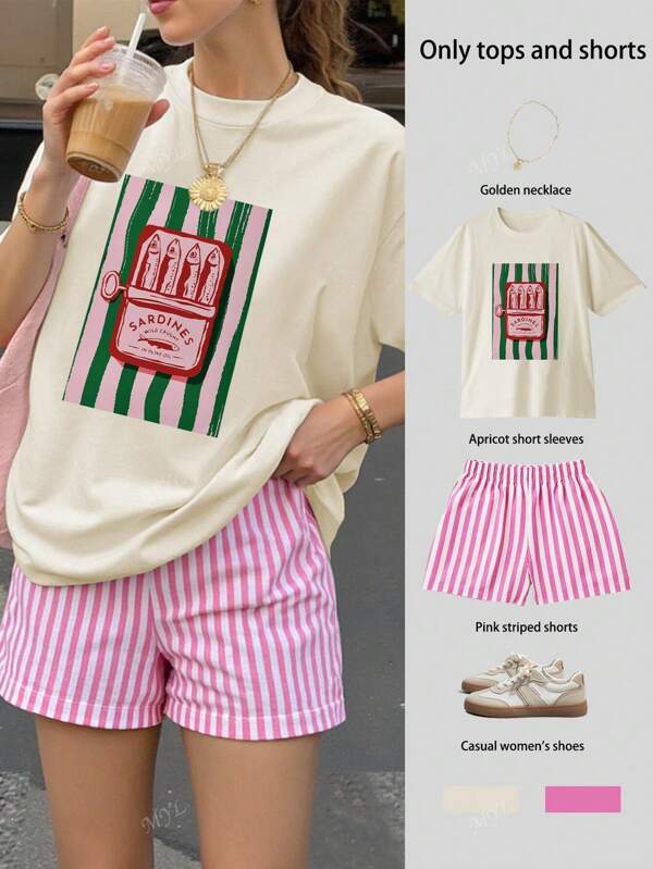 Fish Can Print Summer Plus Size Women's Oversize Short-Sleeved Top And Striped Shorts Set, Plus Size Two Pieces Set, Summer Two Pieces Set