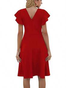 Women's Semi-Formal Ruffle Sleeve V-Back Work Fit And Flare Cocktail Knee Length Dress With Pockets, 2025 Style - 紅色 - View 2