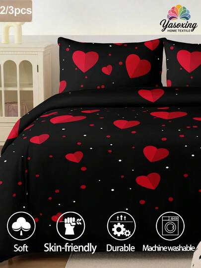 2/3pcs Black & Red Geometric Heart Pattern Bedding Set, Soft & Breathable, Wrinkle-Resistant, Luxury Hotel Style, Great Gift For Parents & Friends, Reversible Quilt Cover*1, Pillowcase*1/2, Fits Twin/Full/Queen/King Size