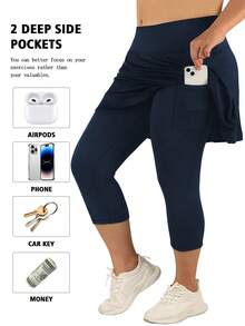 Skort For Women Ladies Leggings With Skirt Capri Running Trousers Tennis Skirt With Pockets Yoga Sports Soft Skirt Shor Tennis Clothing Plus Size - 藏蓝色 - 查看 2