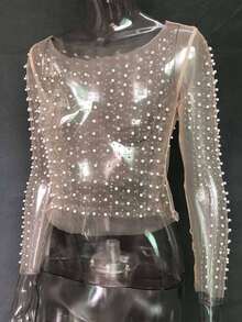 Women See Sheer Sparkle Pearl Rhinestone Studded Top Round Neck Long Sleeves See Through Mesh Blouse For Wedding Guests - Nude - 查看 5